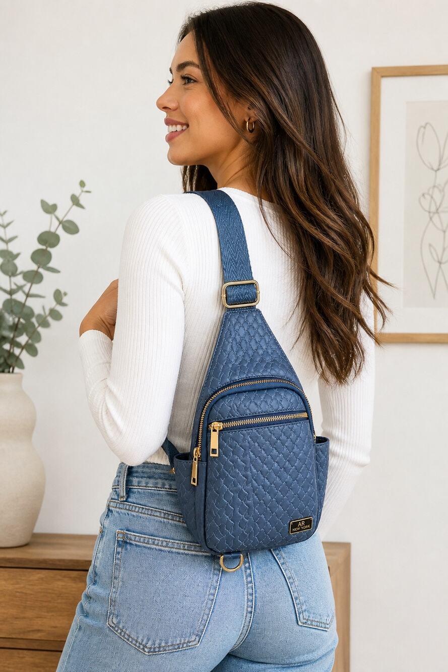 AR New York Crossbody Sling Bag Blue Vegan Leather Quilted Gold Hardware NWT 🌼